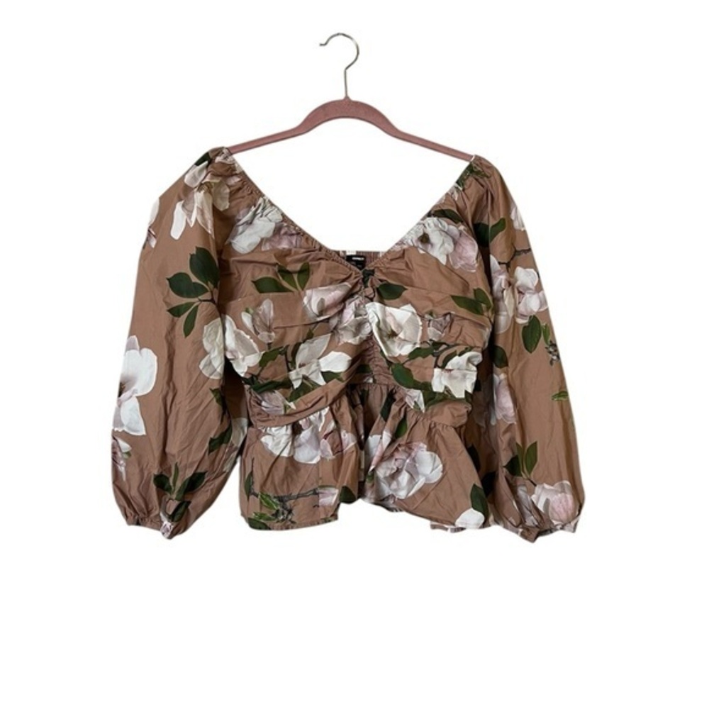 EXPRESS “Portofino” floral pleated smocked cropped peplum top w/ puff sleeves, S
